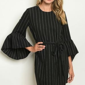 Nwt - Black dress w/stripes, flounce sleeves, belt